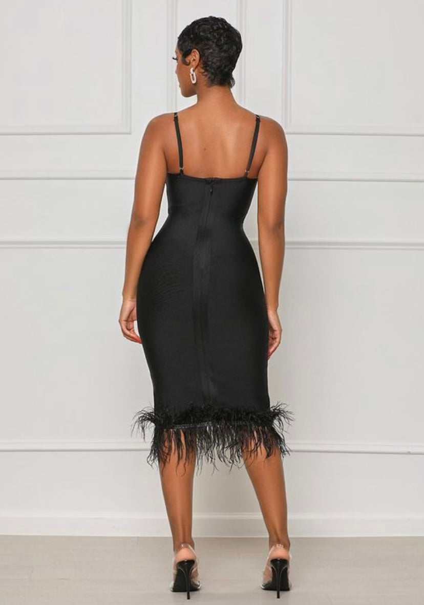 That’s My Type feathered bandage dress